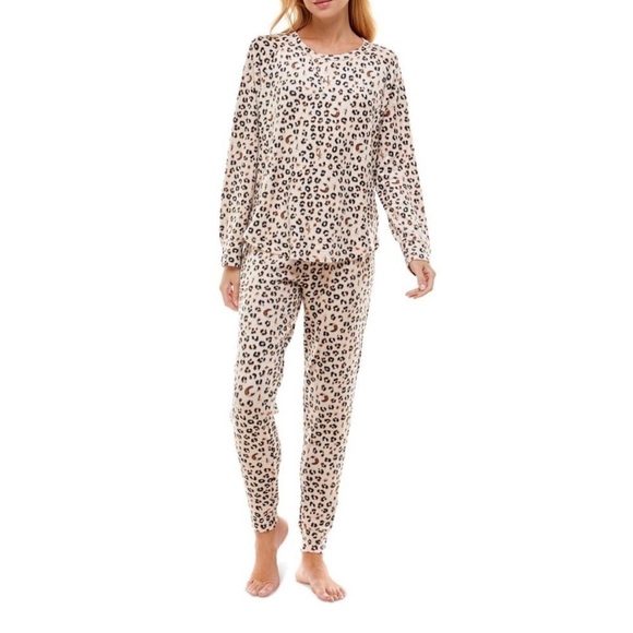 Roudelain Loungewear Pajama‎ Set L Thermal Leopard Animal Print Cozy Luxe PJs - Picture 1 of 12